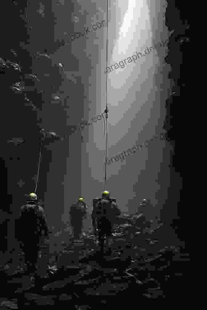 A Group Of Explorers Descend Into A Dark, Cavernous Abyss, Surrounded By Towering Rock Formations And The Faint Glow Of Lanterns. A Journey Into The Center Of The Earth