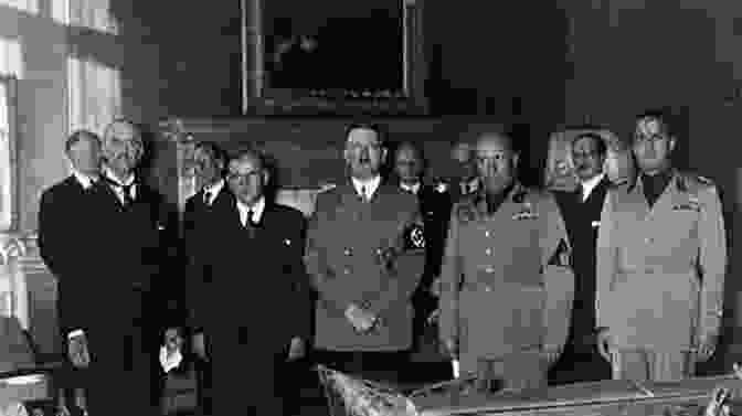 A Worn And Faded Photograph Of The Munich Agreement Being Signed By Neville Chamberlain And Adolf Hitler, Surrounded By Other Key Figures. The Image Captures The Tense Atmosphere And The Weight Of The Moment. Munich: A Novel Robert Harris