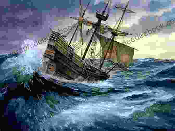 The Mayflower Ship Sailing Across The Perilous Ocean, Surrounded By Turbulent Waves And Dark Clouds. The Ship That Changed A Thousand Lives: Over A Century Of History And Stories (weg)